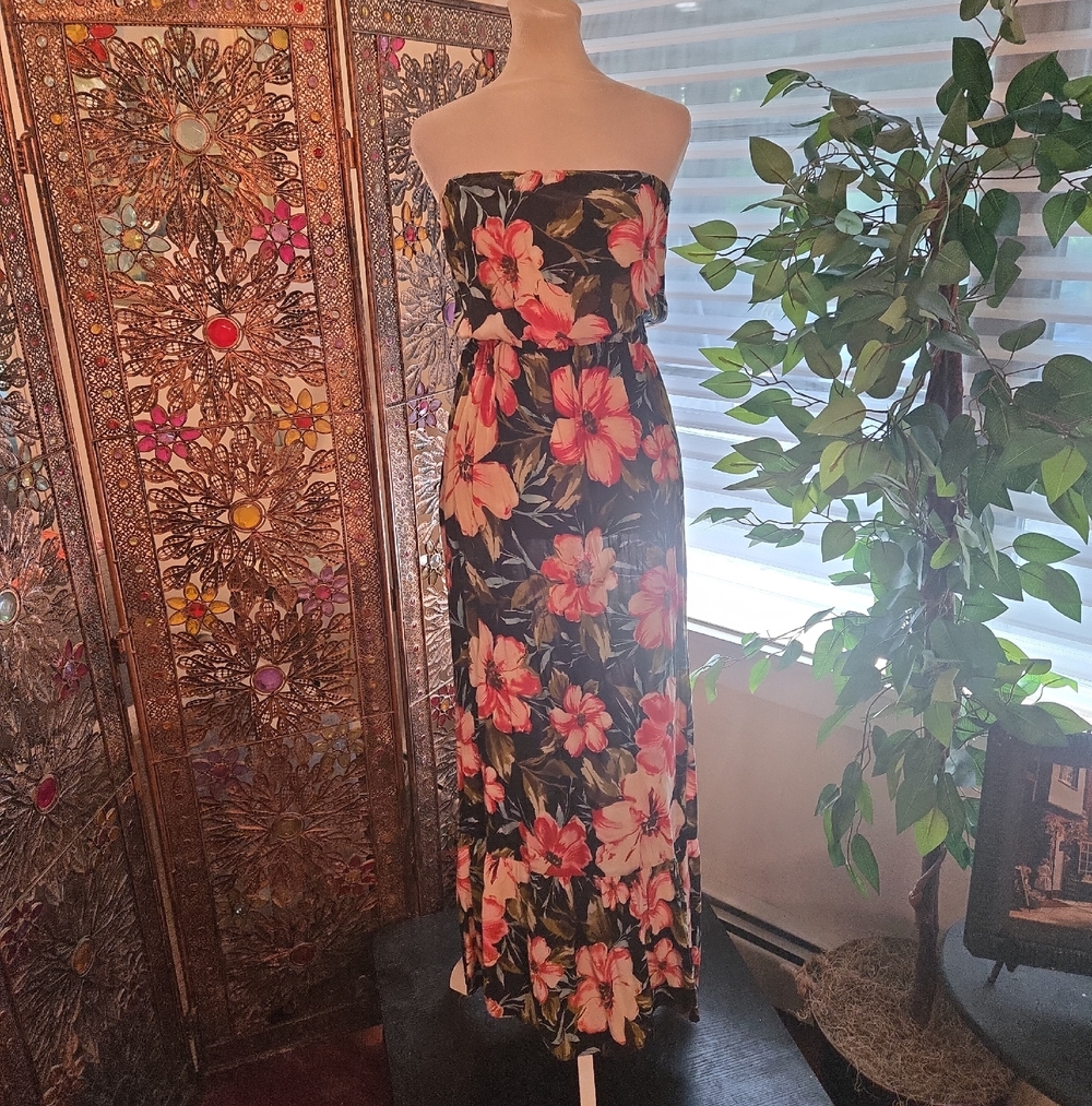Tropical Boho Strapless Floral Ruffled Hawaiian Maxi Dress Womens Small